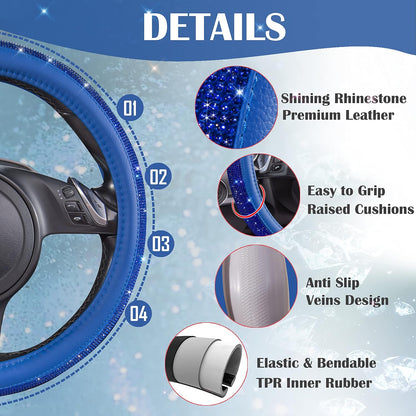 CAR PASS Bling Diamond Leather Steering Wheel Cover, with Bling Sparkly Crystal Glitter Rhinestones Universal Fit 14" 1/2-15" Car Wheel Protect for Women Girl Fit Suvs,Vans,Sedans,Cars,Trucks, Blue