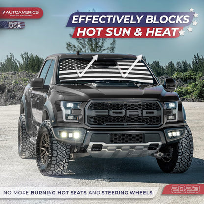 Autoamerics 1-Piece Windshield Sun Shade B&W American Flag USA Patriotic Design - Foldable Car Front Window Sunshade for Most Sedans SUV Truck - Blocks Max UV Rays and Keeps Your Vehicle Cool - Small